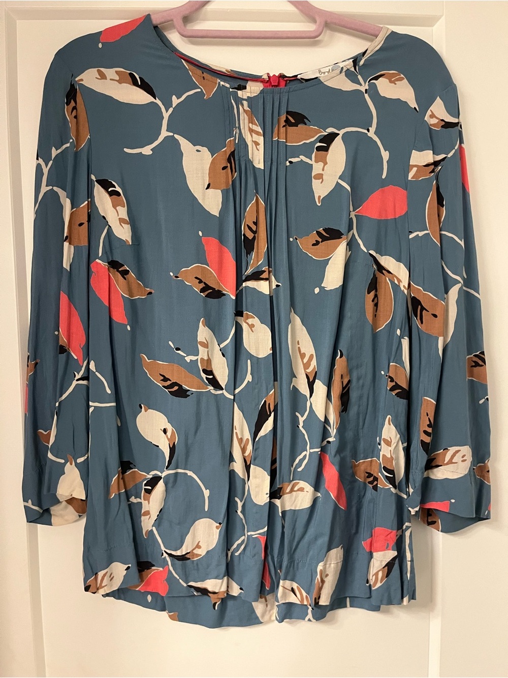 Blue Floral Leaf Print Blouse - Women's Top